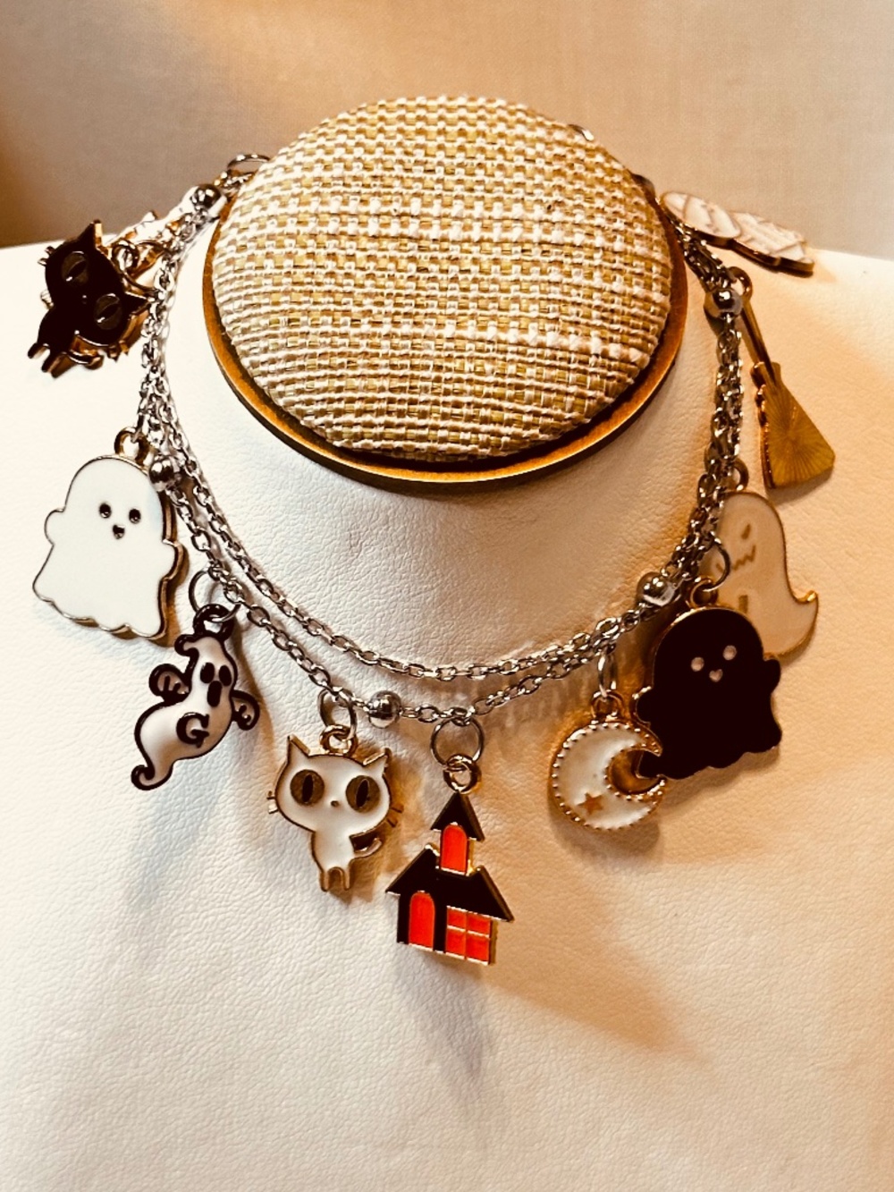 Handmade Halloween Charm Bracelet Double Chain Ghost Cat Skeleton Moon